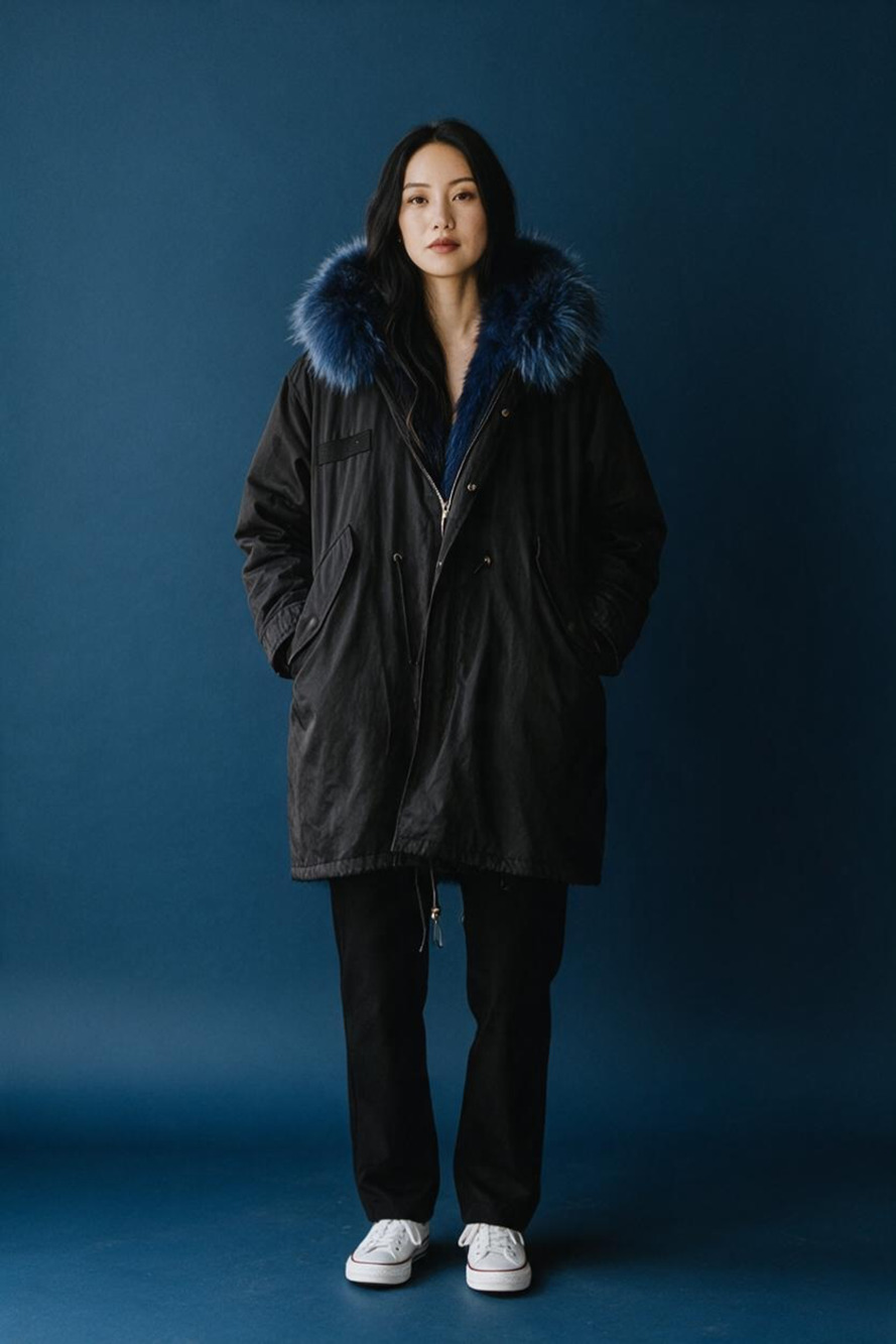 Fur Lined Parka Jacket Black Blue